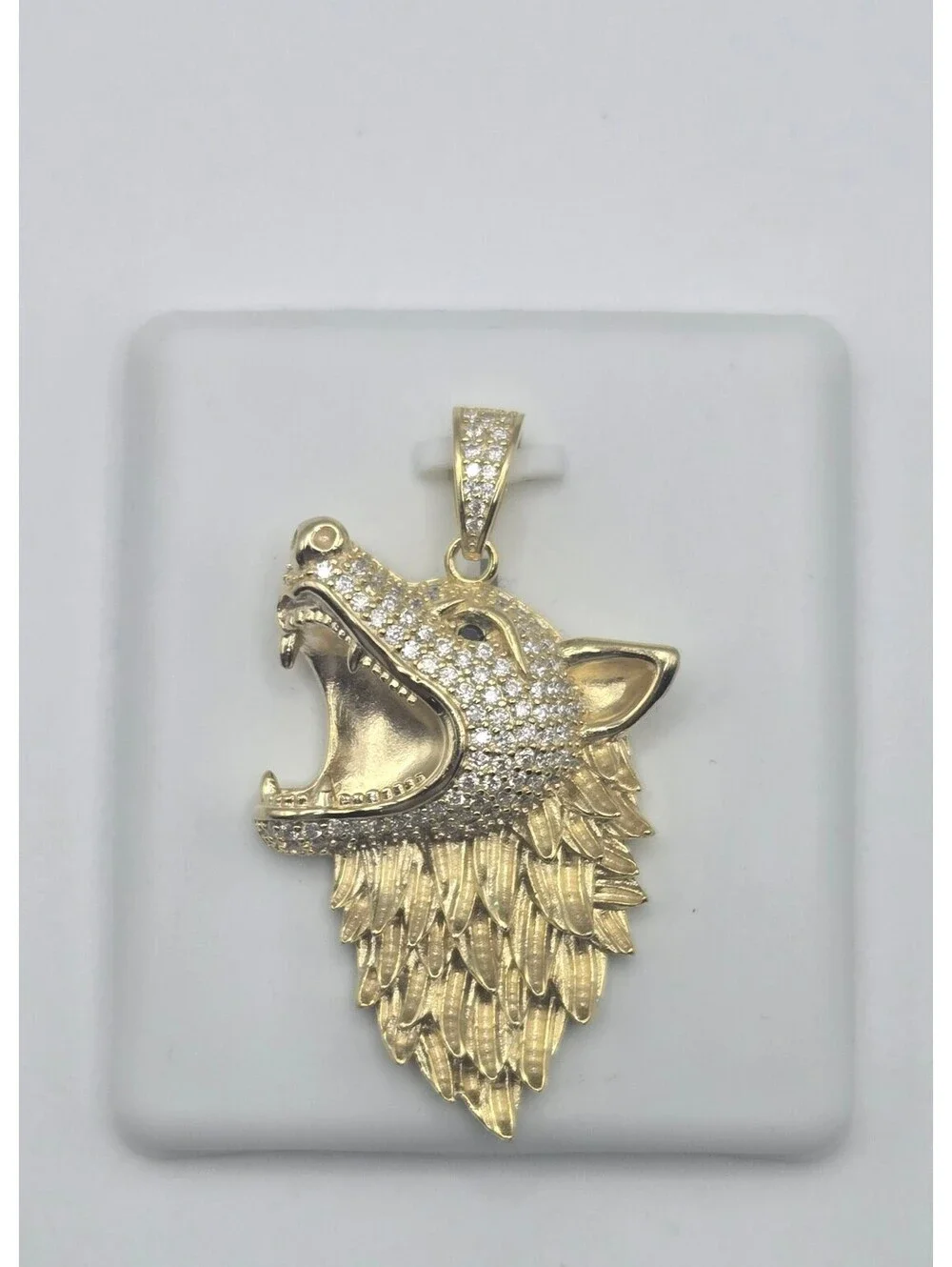 NEW Solid 925 Steling Silver 1.5CTW MOISSANITE Wolf Head Pendant, 14k Gold Over